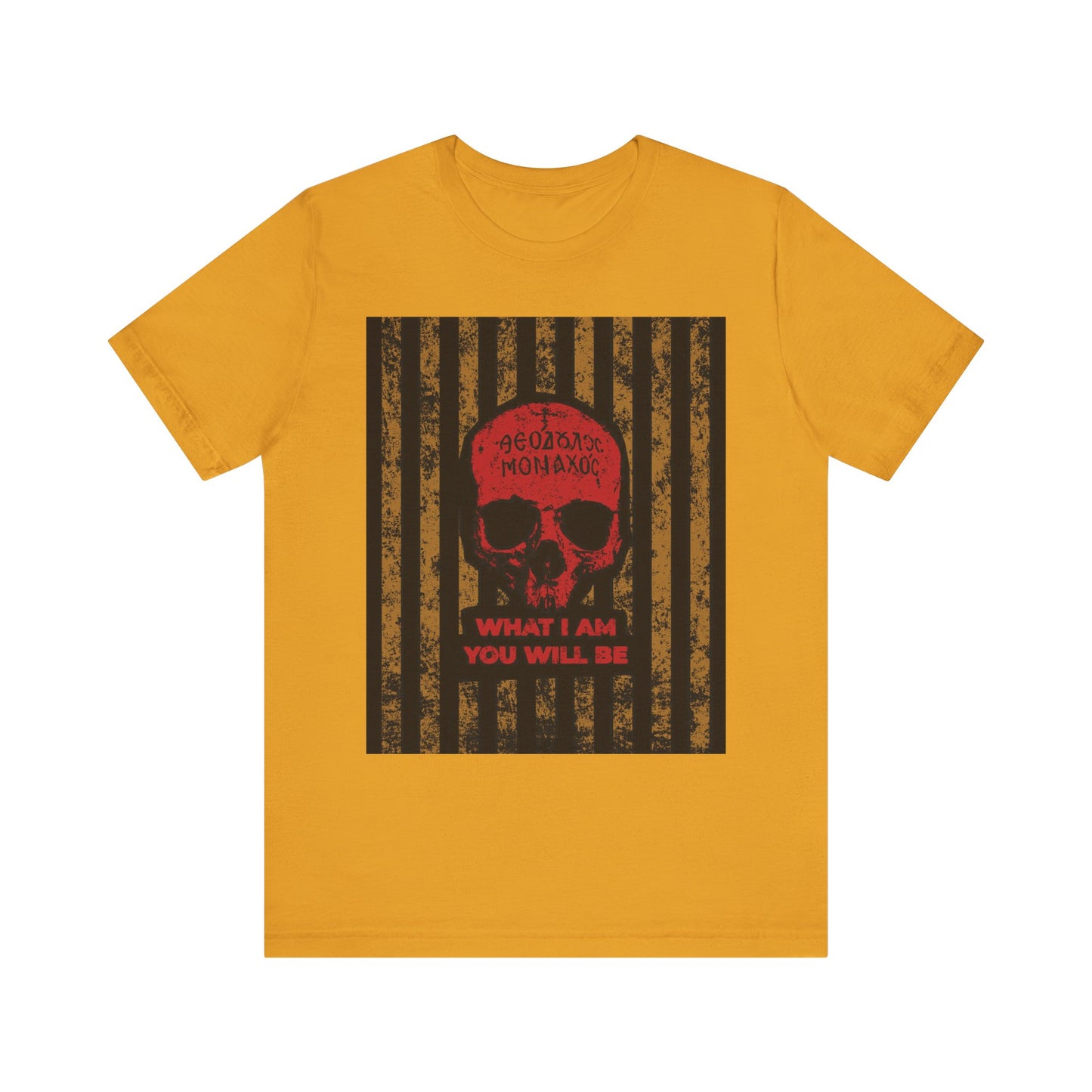 Mustard "What I Am You Will Be" Memento Mori t-shirt featuring a red Mt. Athos monk skull, Greek script, and the phrase WHAT I AM YOU WILL BE on a black striped backdrop—honoring the remembrance of death and the ascetic ethos inspired by St. Ignatius Brianchaninov.
