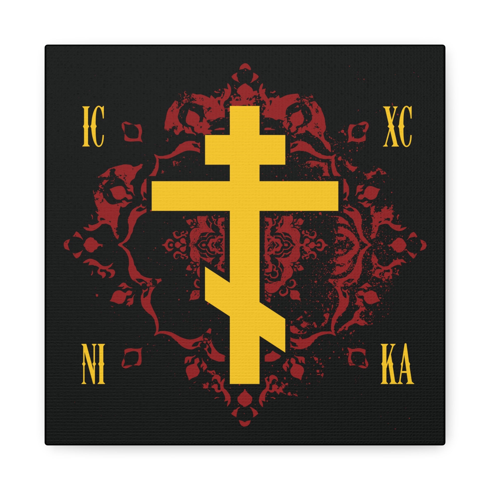 The ICXC NIKA Yellow Russian Cross on Ornate Red Background Design canvas art features "Jesus Christ Conquers" and Orthodox Christian symbolism, with Greek letters and gold cross on rich red, perfect for expressing faith.
