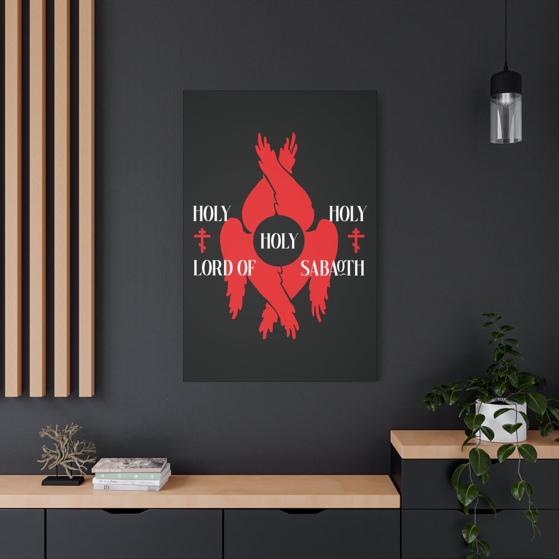 A black canvas art featuring red, symmetrical seraphim wings, Orthodox crosses, and “Holy Holy Holy Lord of Sabaoth” text inspired by Isaiah 6:3 and the Divine Council.