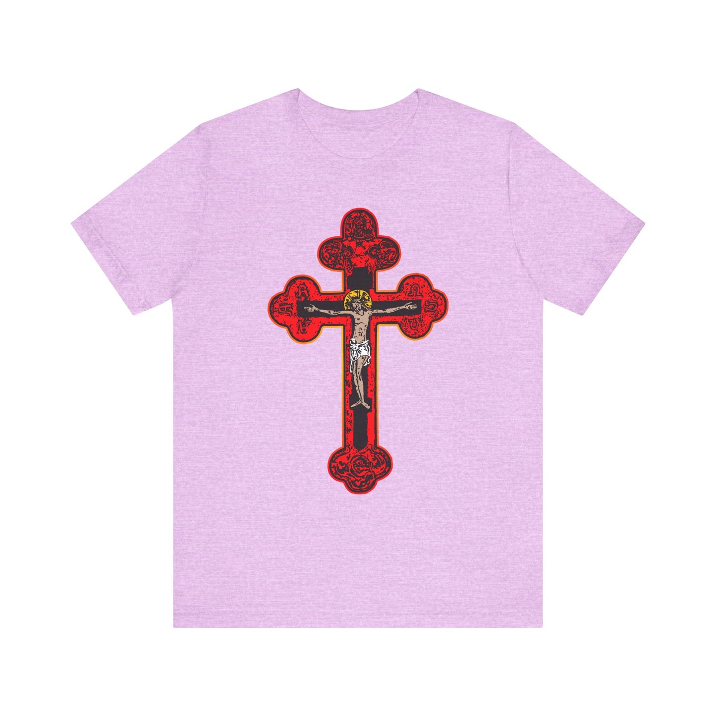 Heather Prism Lilac unisex tee featuring a large ornate red Byzantine Golgotha crucifix with Jesus in the center, inspired by Isaiah 53:3-5 and symbolizing faith in the Son of God; Red Orthodox Christian Crucifix | Alpha & Omega | I Am Crucified With Christ.