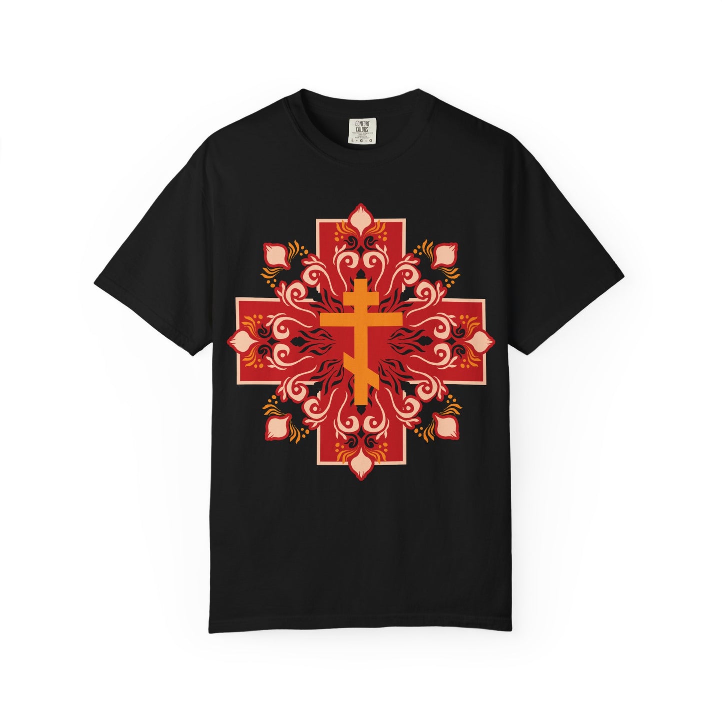 Orange & Red Orthodox Cross Colorful Festive Design | By His Wounds You Have Been Healed (1 Peter 2:24) | Orthodox Heavyweight Cotton Unisex Tee