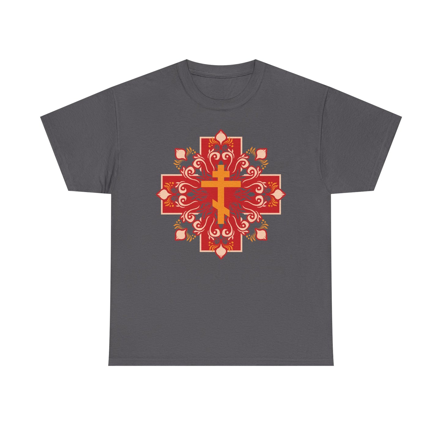 Charcoal t-shirt featuring an orange and red Orthodox cross with festive designs and "By His Wounds You Have Been Healed" (1 Peter 2:24), a reminder of Christ's sacrifice.