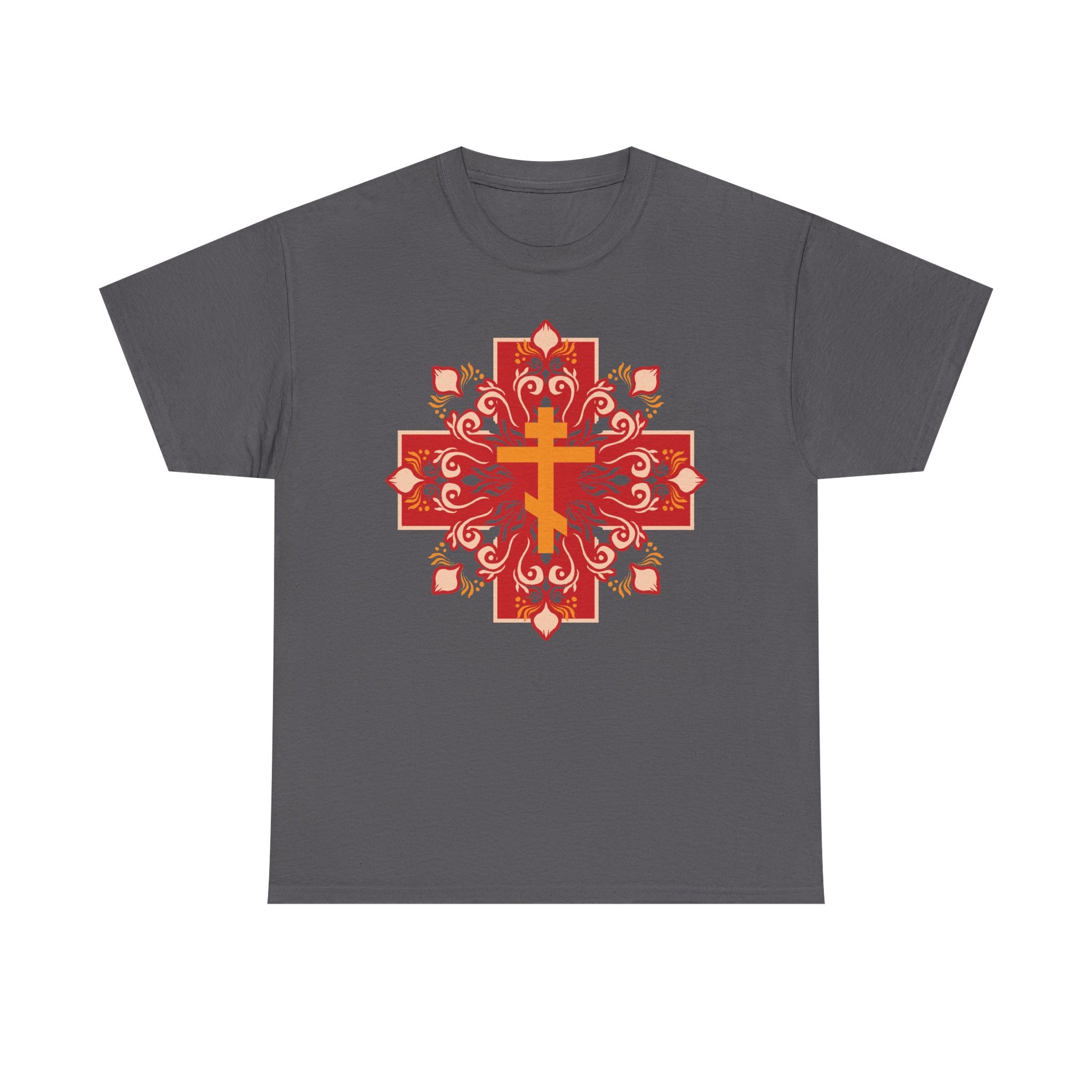Charcoal t-shirt featuring an orange and red Orthodox cross with festive designs and "By His Wounds You Have Been Healed" (1 Peter 2:24), a reminder of Christ's sacrifice.
