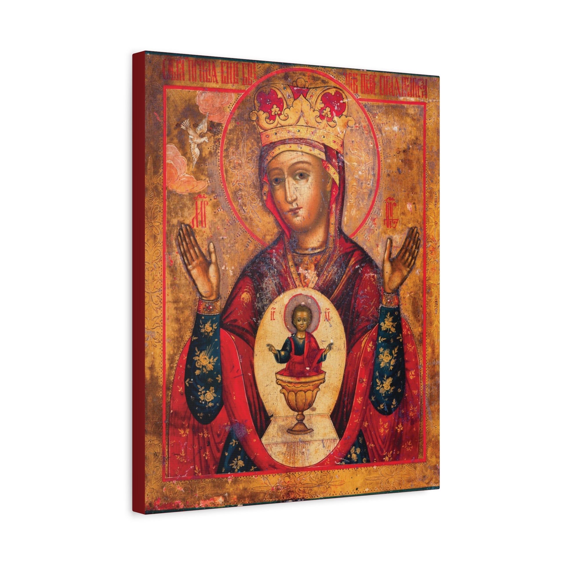 Mother of God of Nicaea Russian Orthodox Christian Icon—this sacred wall art features the Theotokos (Panagia) with raised hands, a child figure in a chalice on her chest representing the Heavenly Bread, and an ornate gold background.