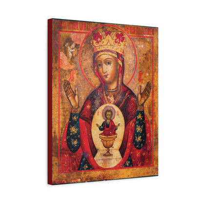 Mother of God of Nicaea Russian Orthodox Christian Icon—this sacred wall art features the Theotokos (Panagia) with raised hands, a child figure in a chalice on her chest representing the Heavenly Bread, and an ornate gold background.
