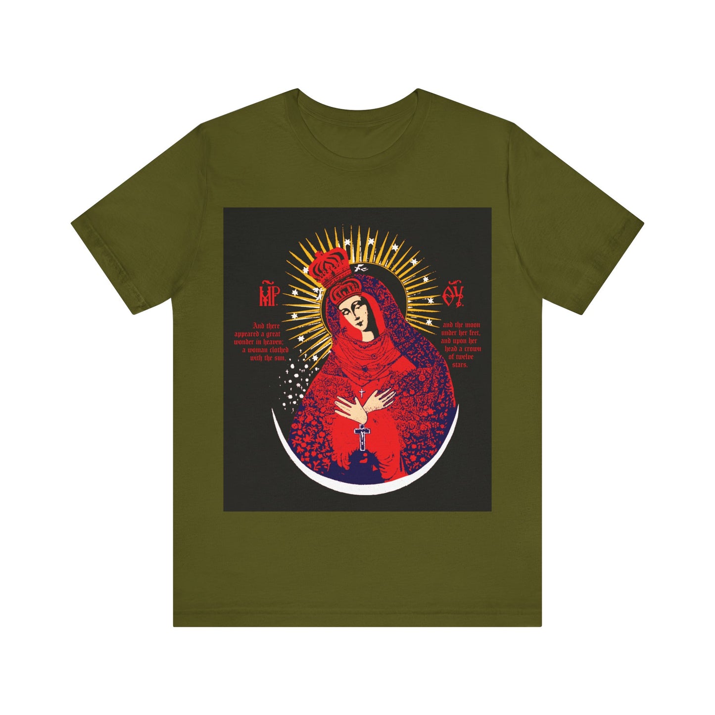 Olive cotton t-shirt featuring the "Our Lady the Gate of Dawn Icono-Graphic" design in red, blue, and gold—Theotokos Crowned, Woman of the Apocalypse—Orthodox inspired graphic.