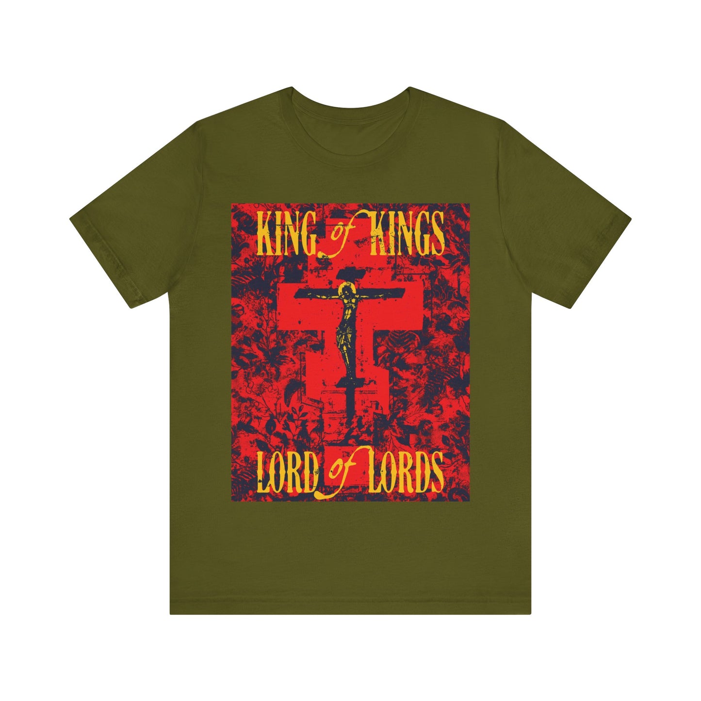 King of Kings, Lord of Lords | Christ Crucified Orthodox Icono-Graphic | Yellow & Red Design | Nature Texture | Lightweight Cotton Unisex T-Shirt