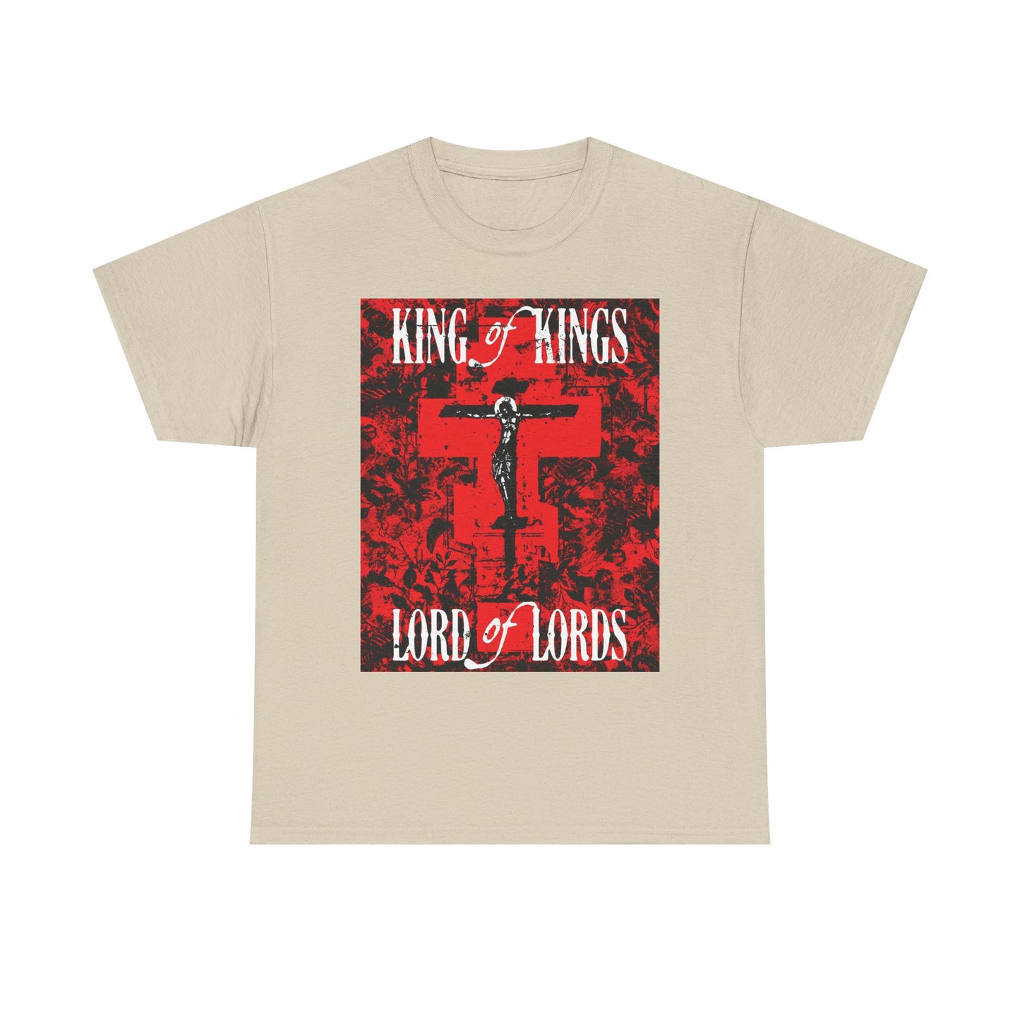 King of Kings, Lord of Lords | Christ Crucified Icono-Graphic | Red Cross Nature Texture w/ White Text | Midweight Cotton Unisex Tee