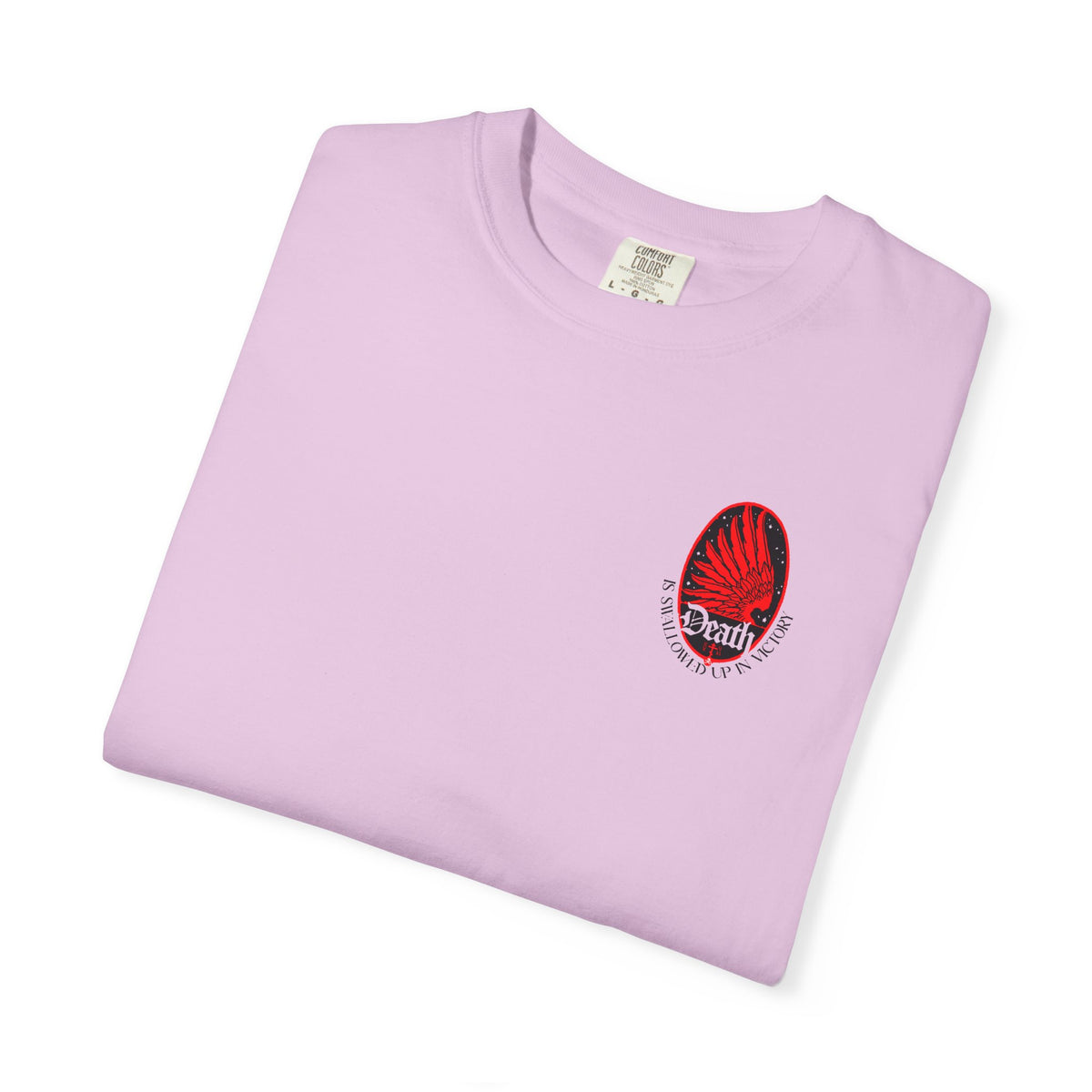 Light pink Death is Swallowed Up In Victory t-shirt with a red eagle wing and text about immortality.