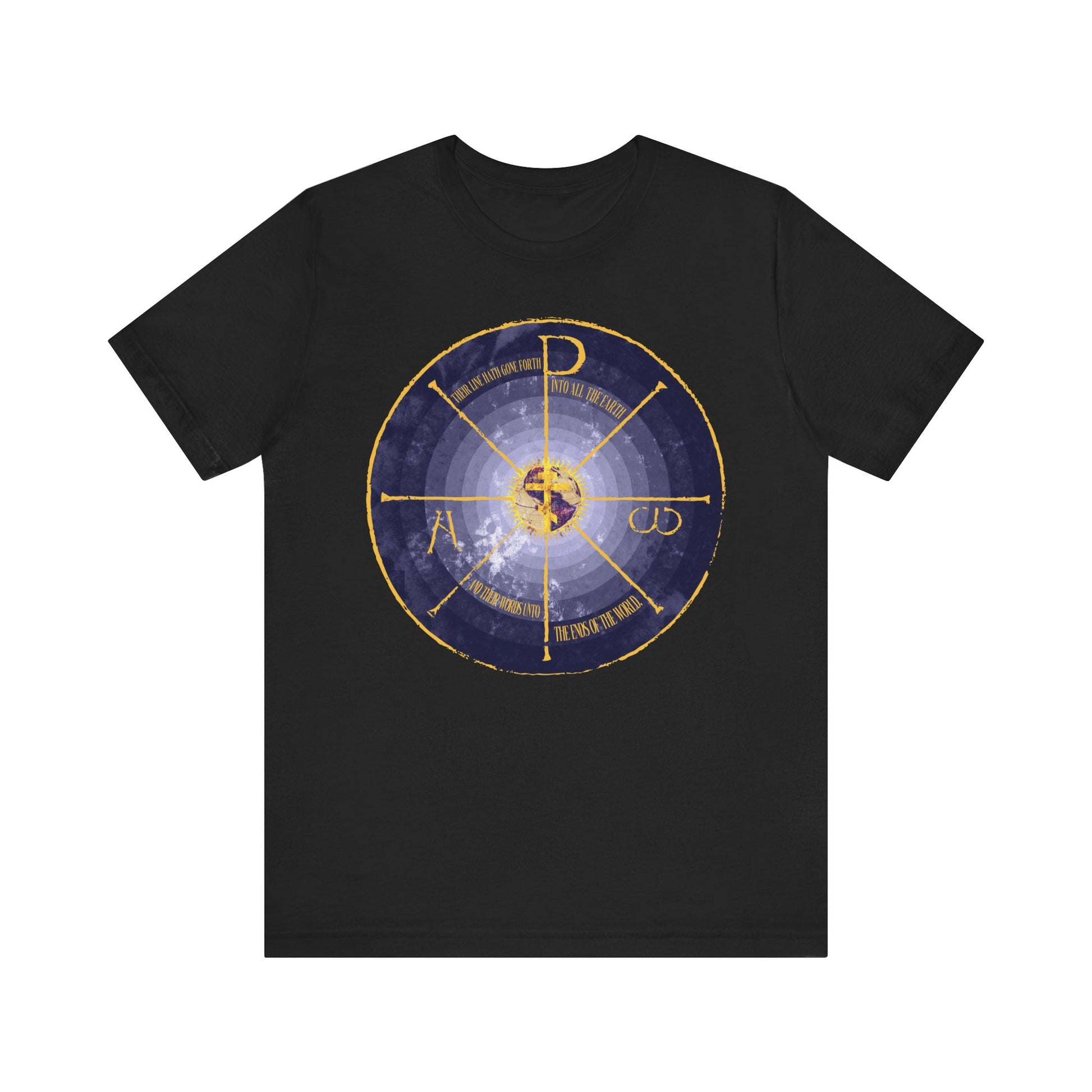 Black Geocentric Cross & Chi Rho unisex tee features a blue and yellow medieval-style graphic with Alpha & Omega symbols on lightweight cotton, inspired by Orthodox Christian design.