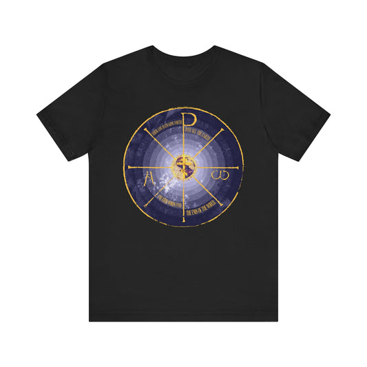 Black Geocentric Cross & Chi Rho unisex tee features a blue and yellow medieval-style graphic with Alpha & Omega symbols on lightweight cotton, inspired by Orthodox Christian design.