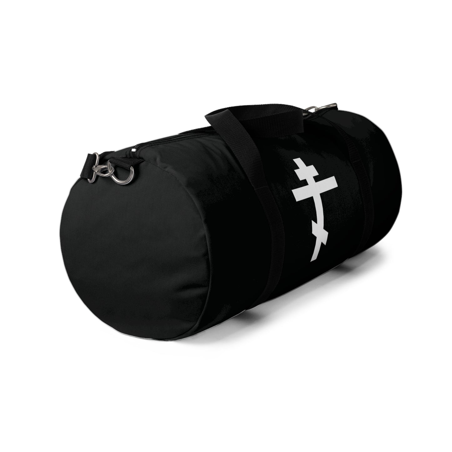 The "White Orthodox Cross" gym duffel bag features a white cross inspired by Gal 6:14 and St. John of Kronstadt, with a shoulder strap—perfect for Orthodox Christians seeking faith-inspired style.