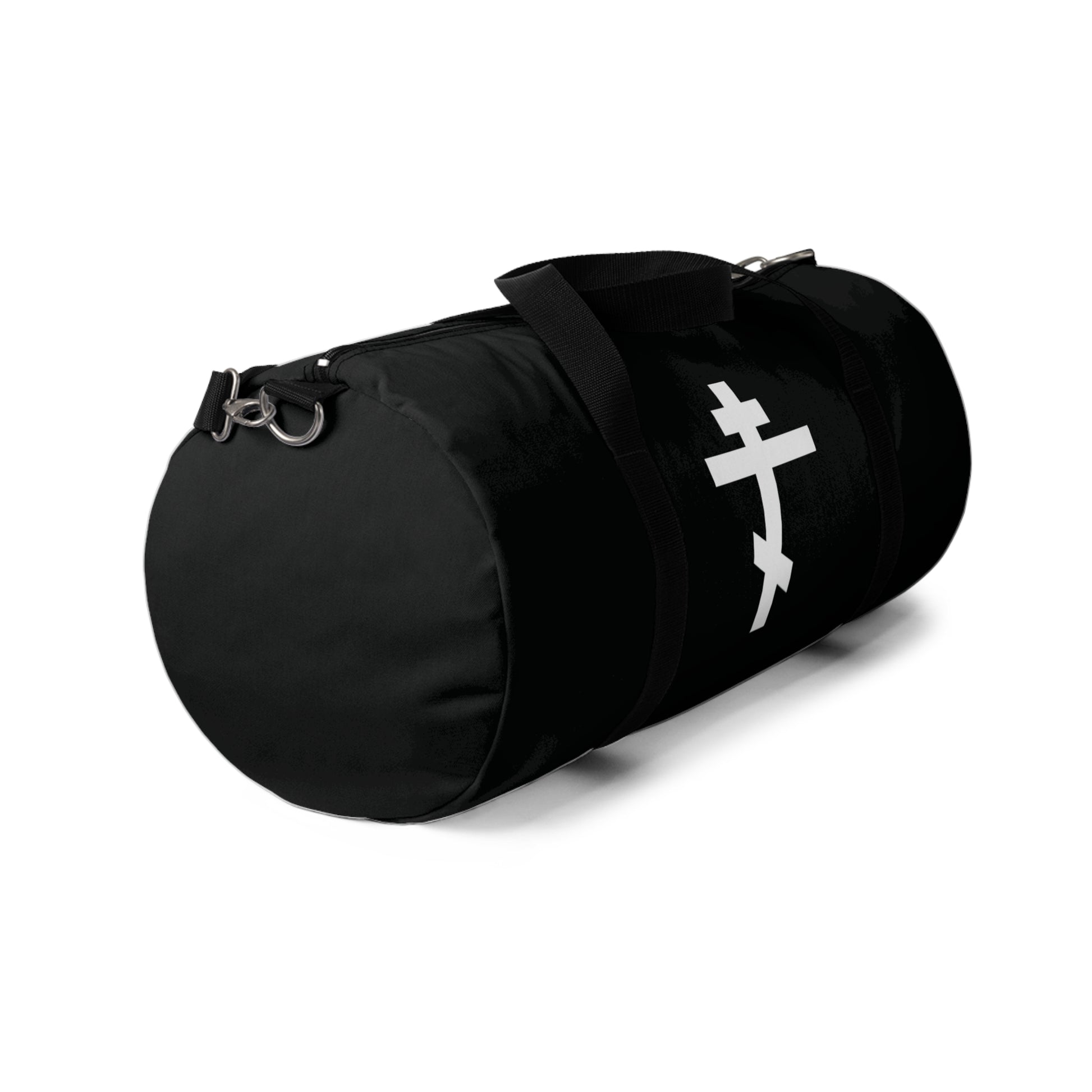 The "White Orthodox Cross" gym duffel bag features a white cross inspired by Gal 6:14 and St. John of Kronstadt, with a shoulder strap—perfect for Orthodox Christians seeking faith-inspired style.