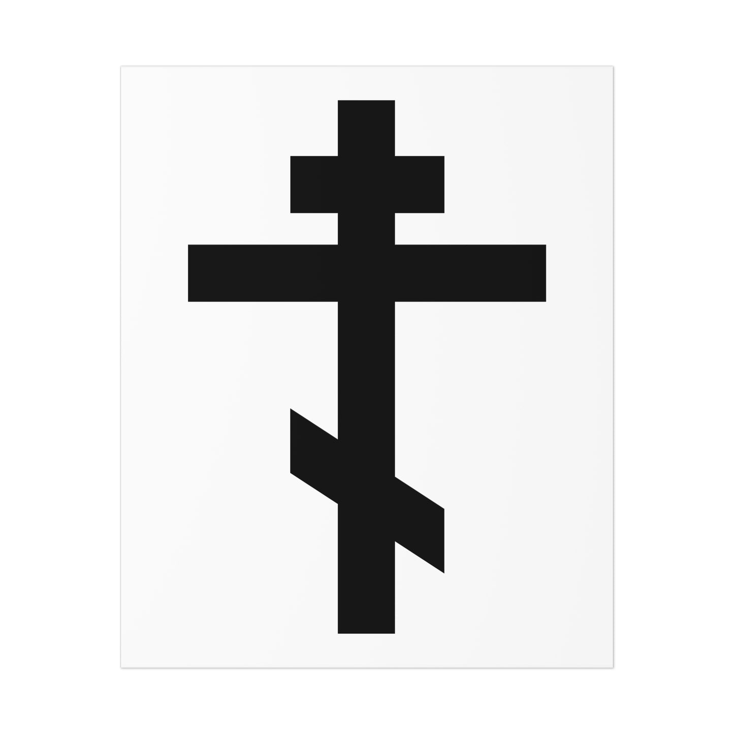 The Black Orthodox Cross White Background poster features three horizontal bars and the verse "May I never boast, except in the cross of our Lord Jesus Christ" (Gal 6:14), making it a striking piece of Orthodox art.