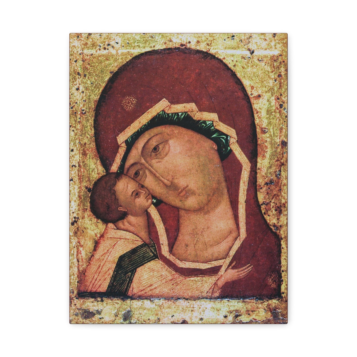 Inspired by the Igorevskaya Russian Icon of the Mother of God, this stylized and aged canvas wall art depicts the Theotokos Tenderness (Eleusa) with Mary holding Jesus, both showing solemn expressions against a radiant gold background—an homage to the venerated Orthodox Christian icon from Kiev-Pechersk Lavra.