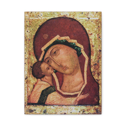 Inspired by the Igorevskaya Russian Icon of the Mother of God, this stylized and aged canvas wall art depicts the Theotokos Tenderness (Eleusa) with Mary holding Jesus, both showing solemn expressions against a radiant gold background—an homage to the venerated Orthodox Christian icon from Kiev-Pechersk Lavra.
