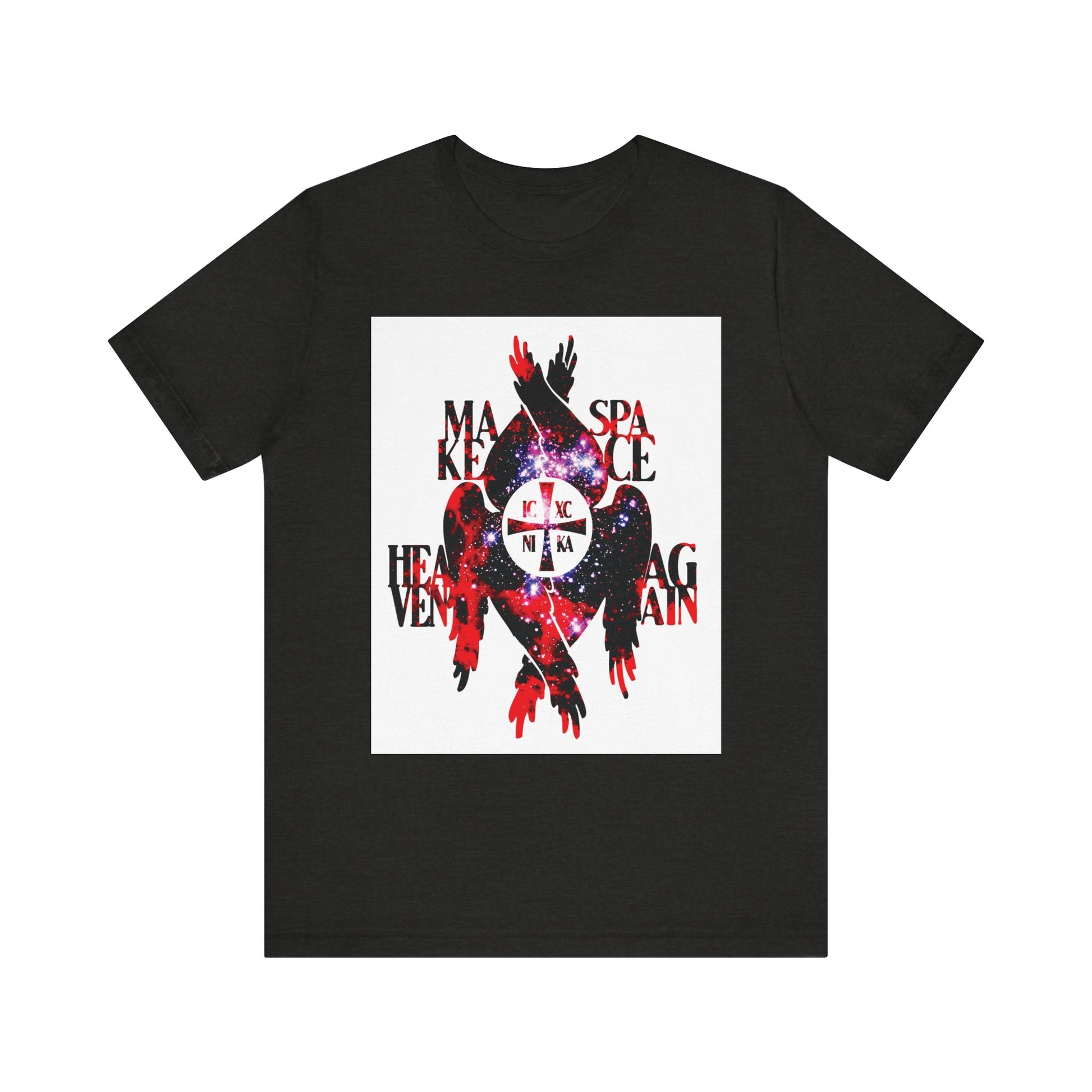 Black Heather t-shirt featuring a cosmic-textured ICXC NIKA cross, vivid seraphim wings, and the text: MAKE SPACE HEAVEN AGAIN—an homage to the seven heavens and awe-inspiring creation, inspired by Orthodox Christian tradition.