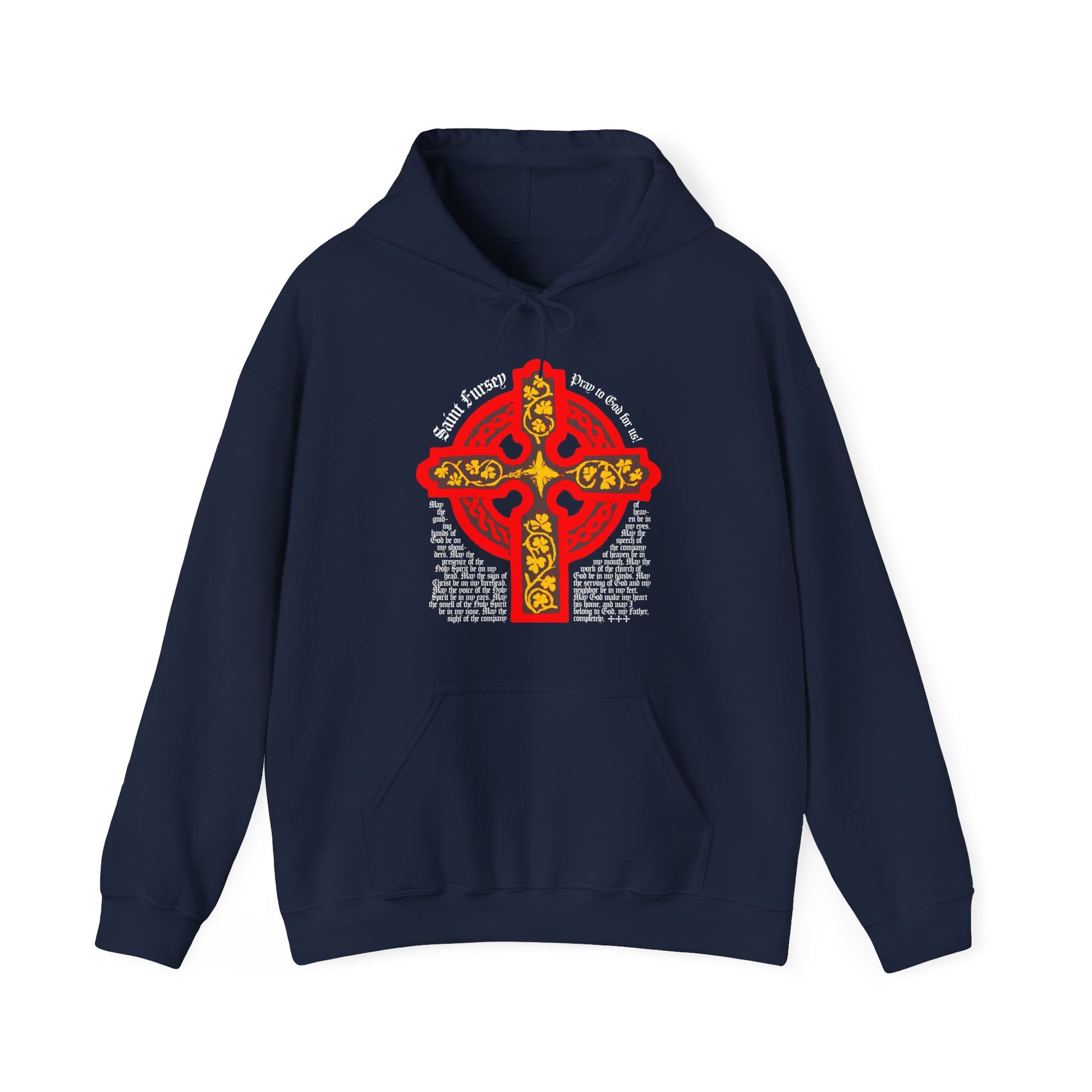 Navy Lorica Shield Prayer of St Fursey Hoodie with a bold red & yellow Celtic cross and white prayer text on the front, inspired by the Irish Orthodox tradition and Western Rite.