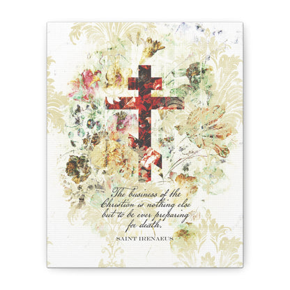 Preparing For Death | White & Beige Floral Scrapbook Texture Cross | Arts & Crafts Style | St Irenaeus | Orthodox Christian Canvas Art