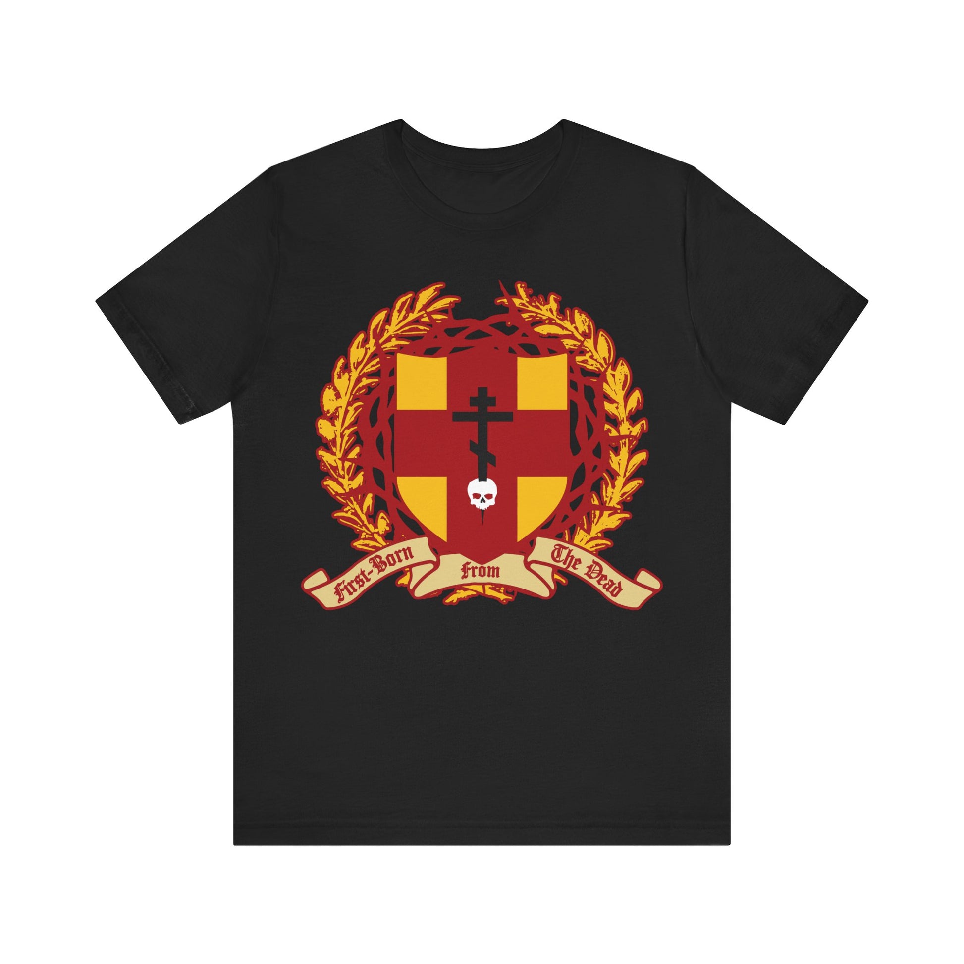 Black unisex tee featuring an Orthodox Cross piercing a skull, shield with victory wreath and crown of thorns, and the banner "First-Born from the Dead (Col 1:18)"—symbolizing redemption through Christ's blood.