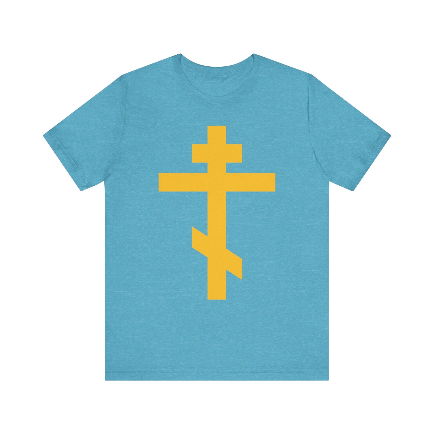 Blue T-shirt featuring the Yellow Orthodox Cross, known as the "Precious and Life-Giving Weapon of Unseen Warfare" and "Scourge of Demons," crafted in lightweight cotton as a unisex Christian tee—an inspiring reminder, inspired by Galatians 2:20, that we are crucified with Christ.