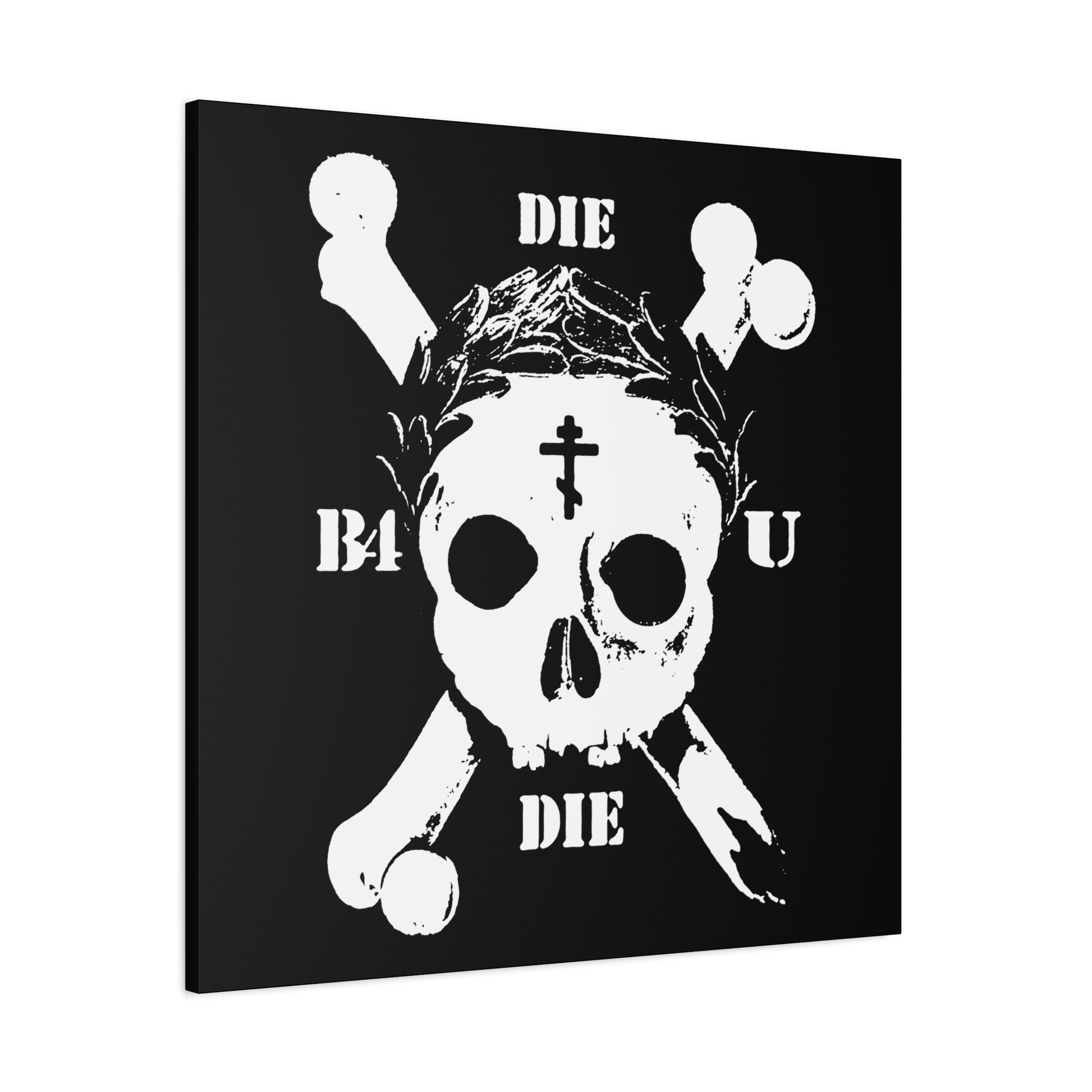 Die Before You Die | Retro Skull & Crossbones wall art features a white skull with laurel victory wreath, Orthodox cross, and memento mori motif—a striking ascetic Christian reminder of Matthew 16:24-25.