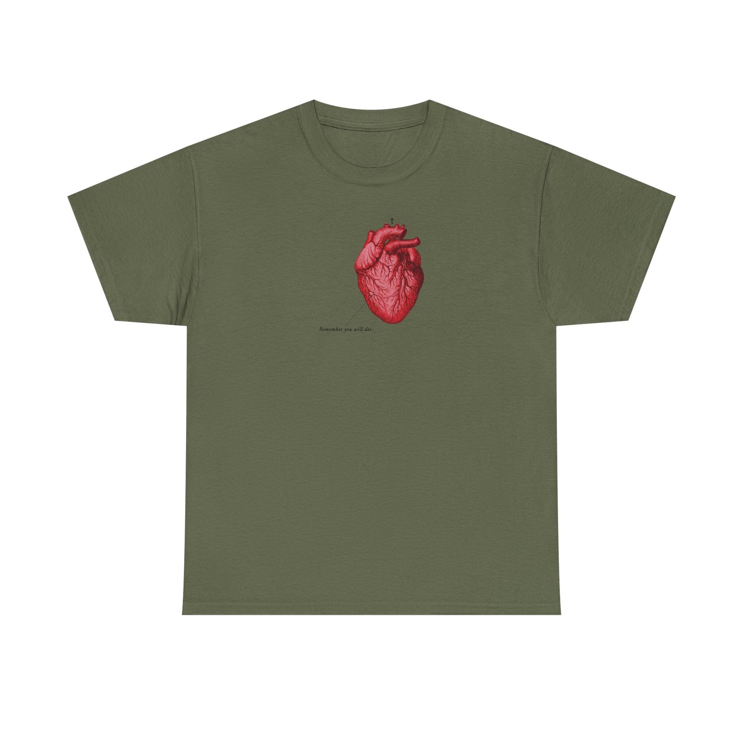 Military green heavy cotton t-shirt featuring a red anatomical heart and an Orthodox cross with the message "Remember You Will Die"—a Christian memento mori inspired by repentance and God's mercy.