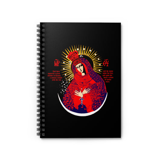 Our Lady the Gate of Dawn Icono-Graphic | Theotokos Crowned | Woman of the Apocalypse | Red Blue & Gold Design | Orthodox Spiral Notebook
