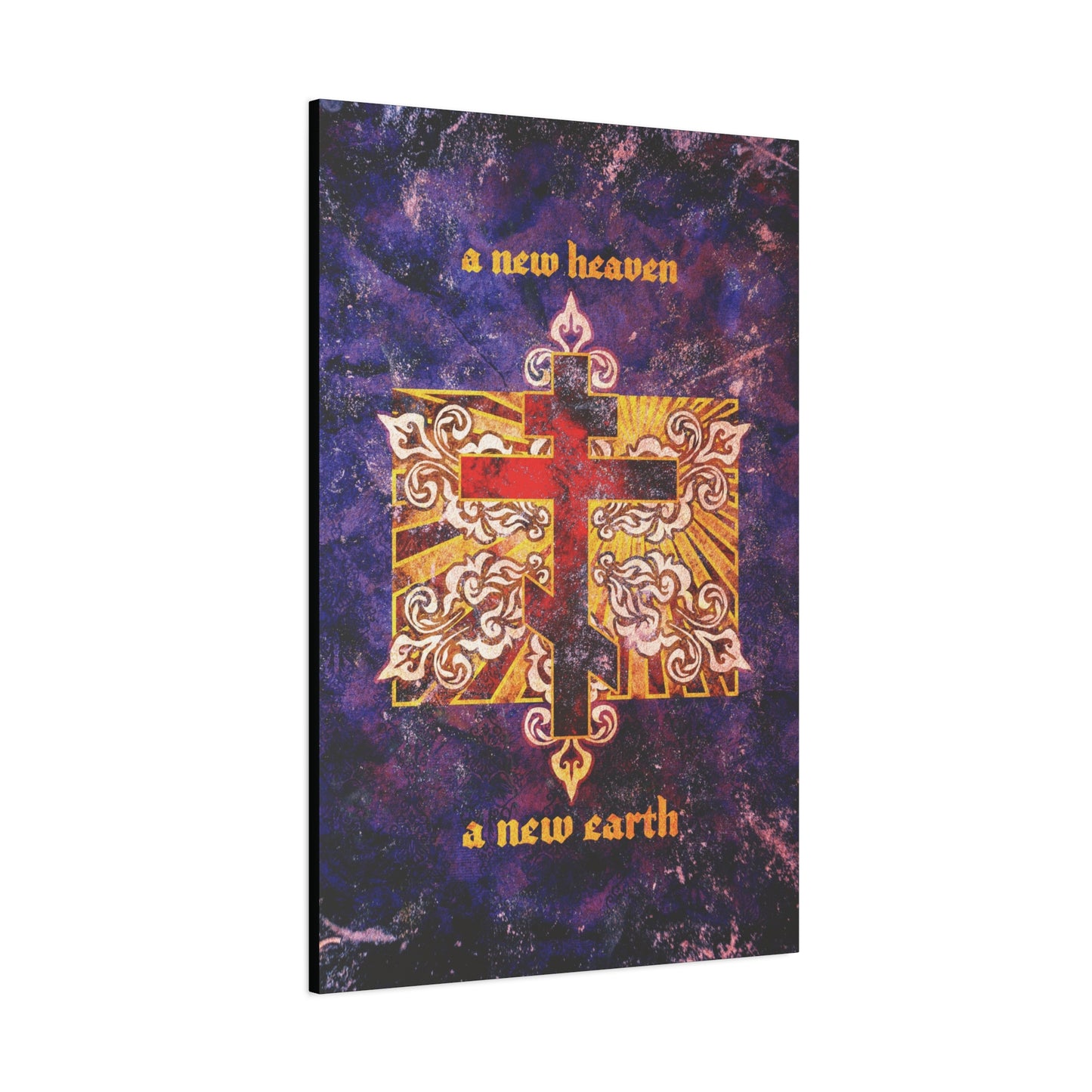 A New Heaven/A New Earth | Red Orthodox Cross on Textured Ornate Background | Christian Canvas Art