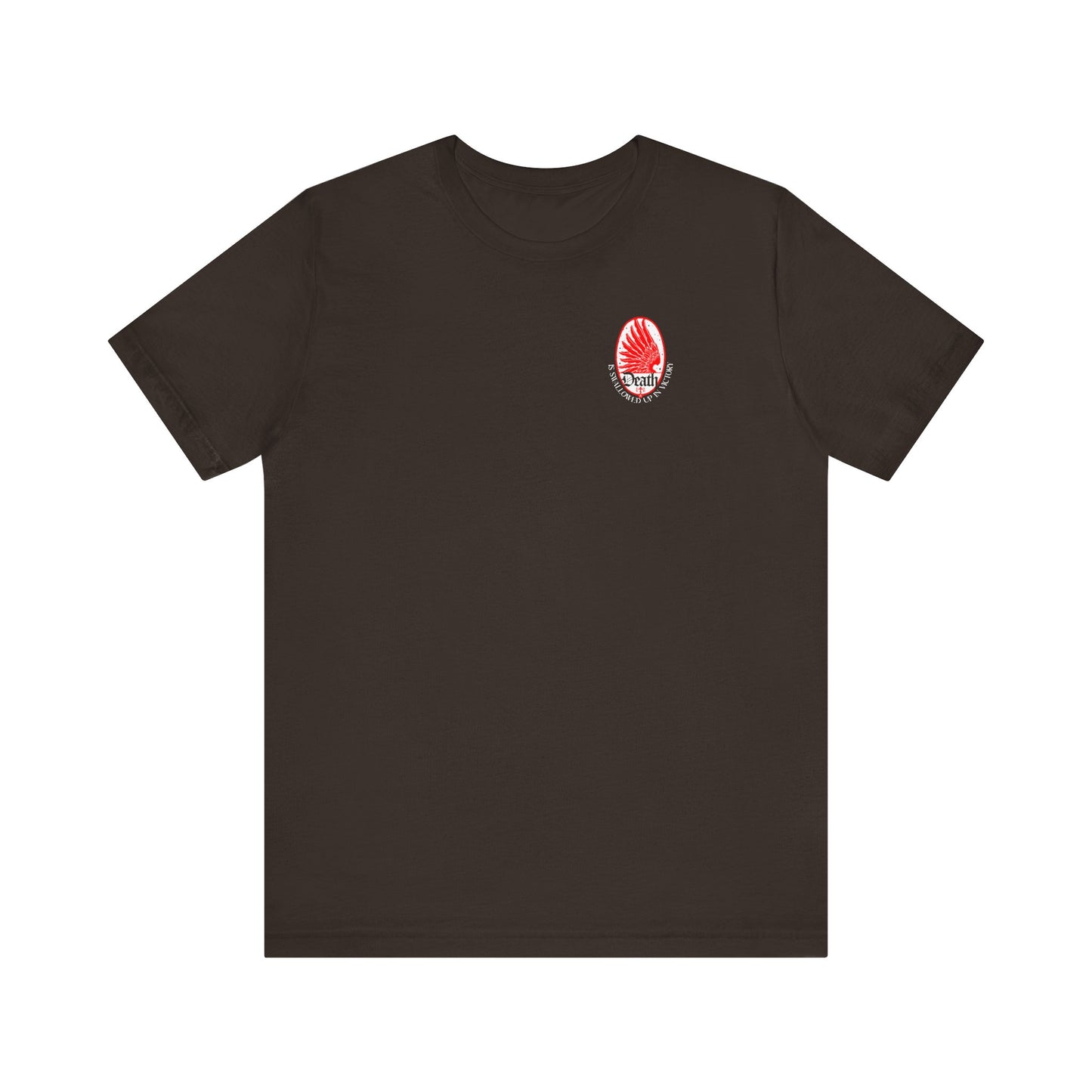 Brown t-shirt featuring a small Art Nouveau eagle wing and stars design with "Death is Swallowed Up In Victory (1 Cor 15:54)" text on the left chest, symbolizing immortality and timeless style.