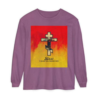 Behold, I Make All Things New (Revelation 21:5) | Cosmic Orthodox Cross on Red and Yellow Background | Orthodox Christian Long Sleeve Shirt