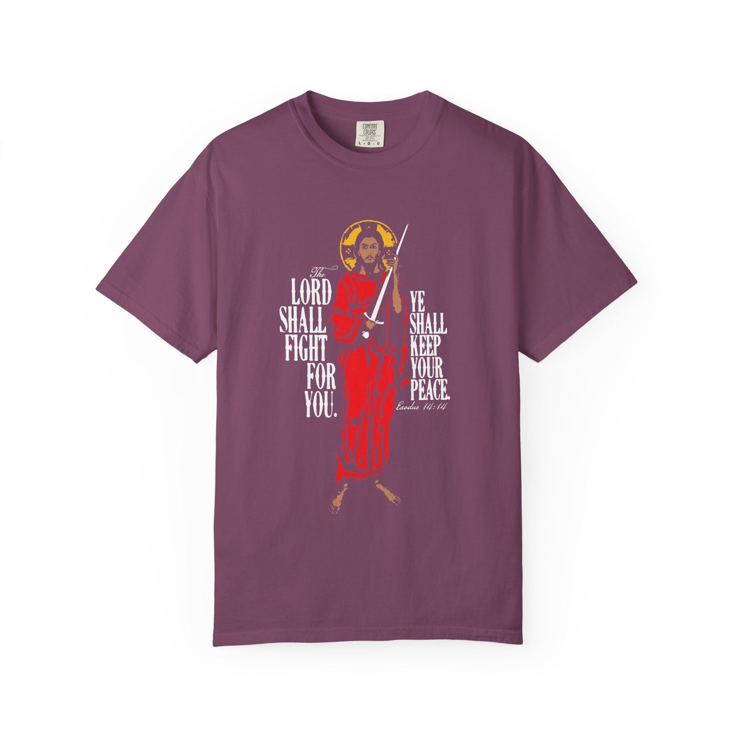 Berry-colored unisex tee, "The Lord Shall Fight For You (Exodus 14:14)," features Jesus Christ holding a sword. Heavyweight cotton design with an iconographic illustration referencing the crossing of the Red Sea.