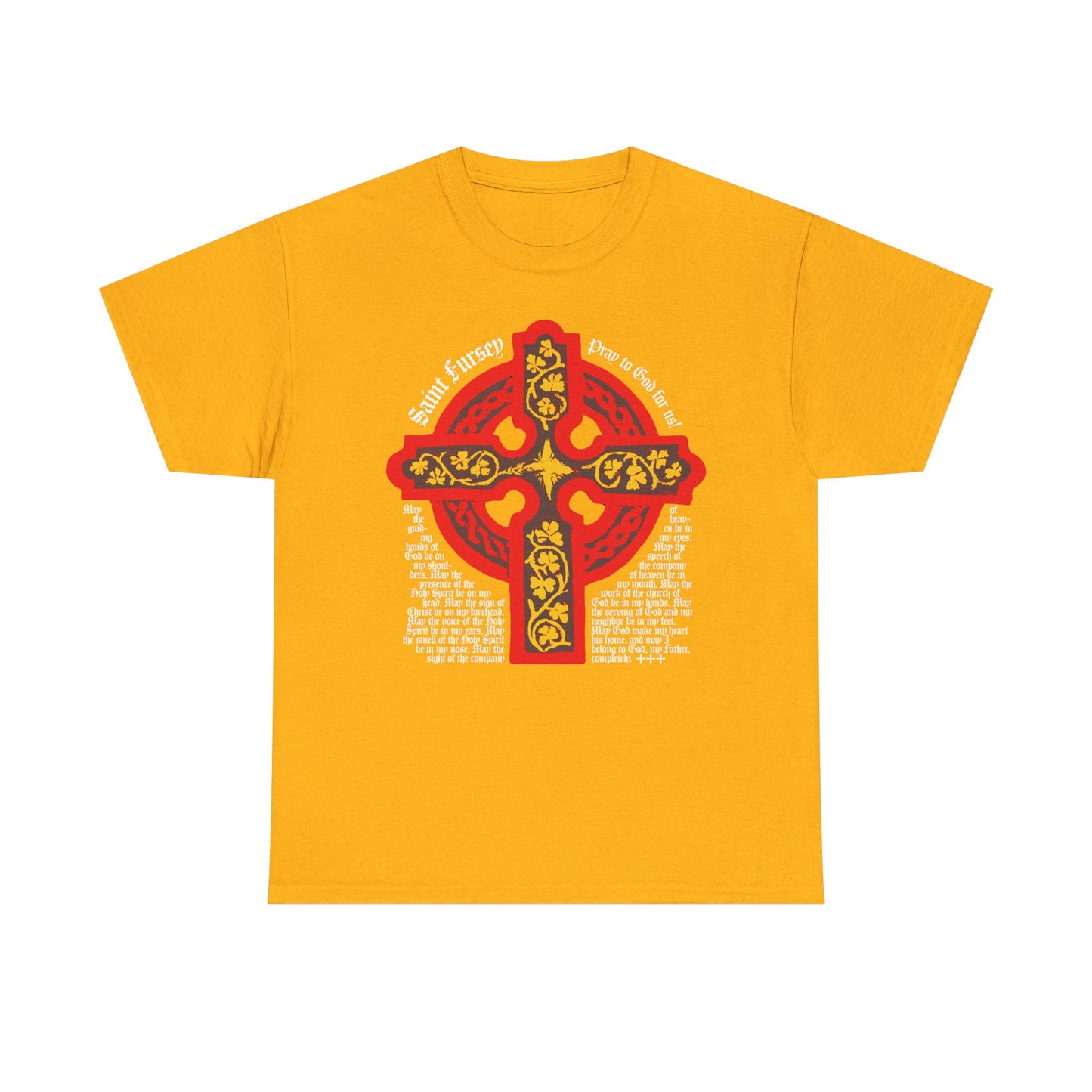 Gold t-shirt featuring a red and gold Celtic cross inspired by the Lorica Shield Prayer of St Fursey, with decorative text in the style of the ancient Irish Orthodox Western Rite. Midweight cotton unisex tee.
