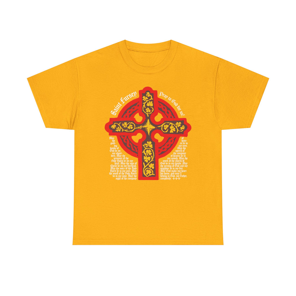 Gold t-shirt featuring a red and gold Celtic cross inspired by the Lorica Shield Prayer of St Fursey, with decorative text in the style of the ancient Irish Orthodox Western Rite. Midweight cotton unisex tee.