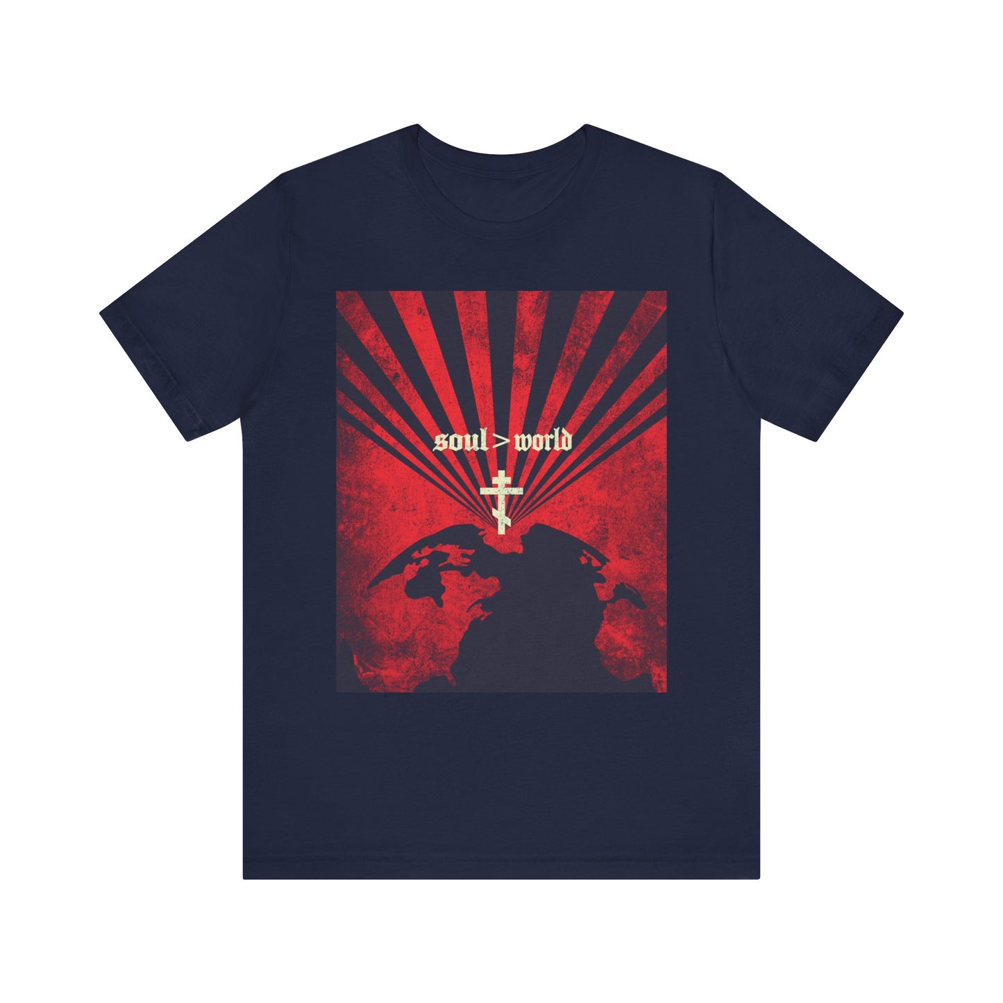 Navy "What Shall it Profit a Man | Matthew 16:26" lightweight cotton unisex tee featuring a red earth design, white cross, and “soul > world” graphic—a meaningful reminder of Jesus’ call to follow Him and value the soul above worldly gain.