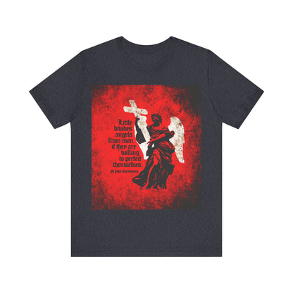 Heather Navy T-shirt featuring a red square, textured cemetery angel holding a cross, and St John Chrysostom’s quote "Little Divides Angels from Men" in Gothic text—a striking tribute to Orthodox Christian faith and holiness.