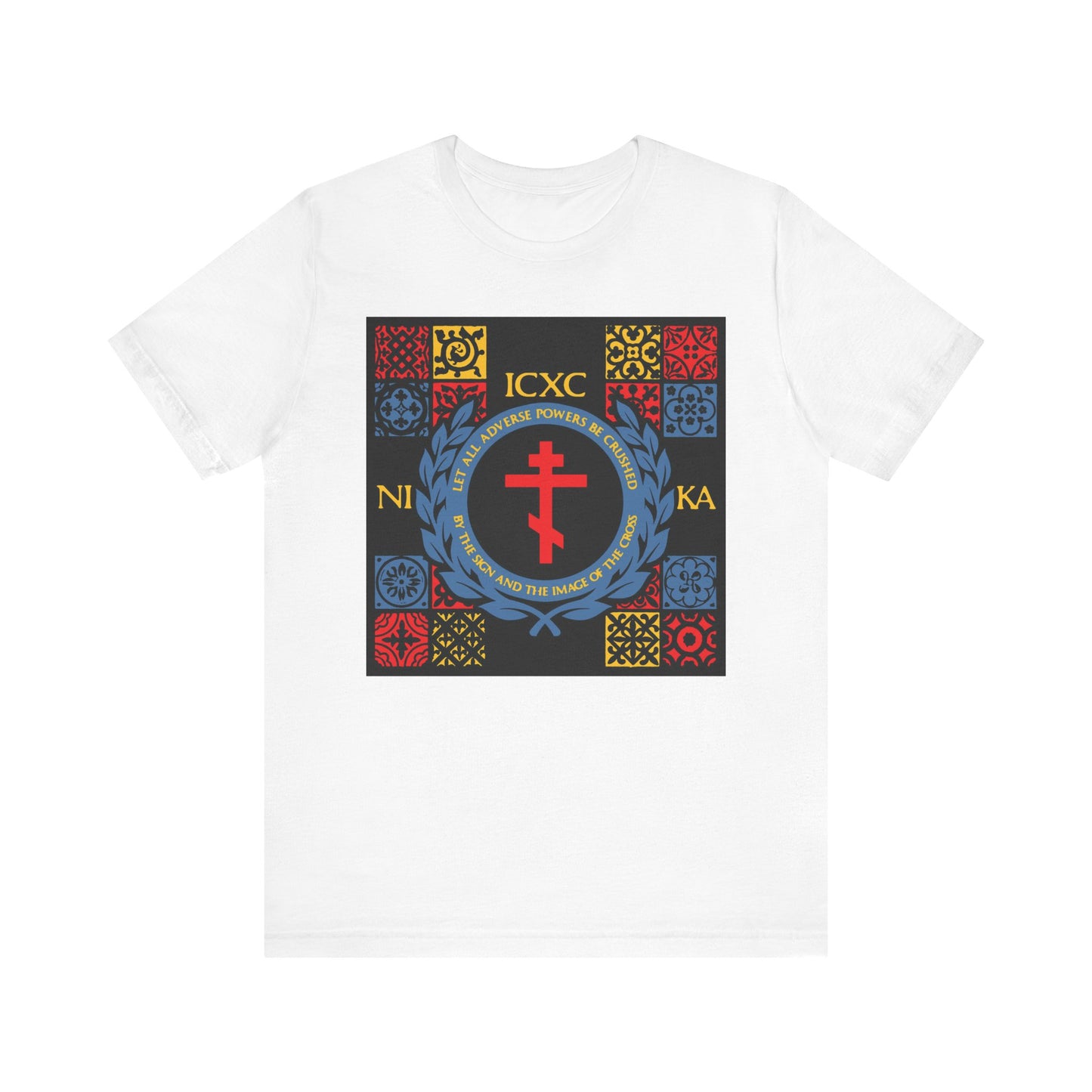 The white Let All Adverse Powers Be Crushed ICXC NIKA T-shirt features a medieval tile-inspired cross with Greek letters and red, yellow, and blue accents—lightweight cotton unisex design.