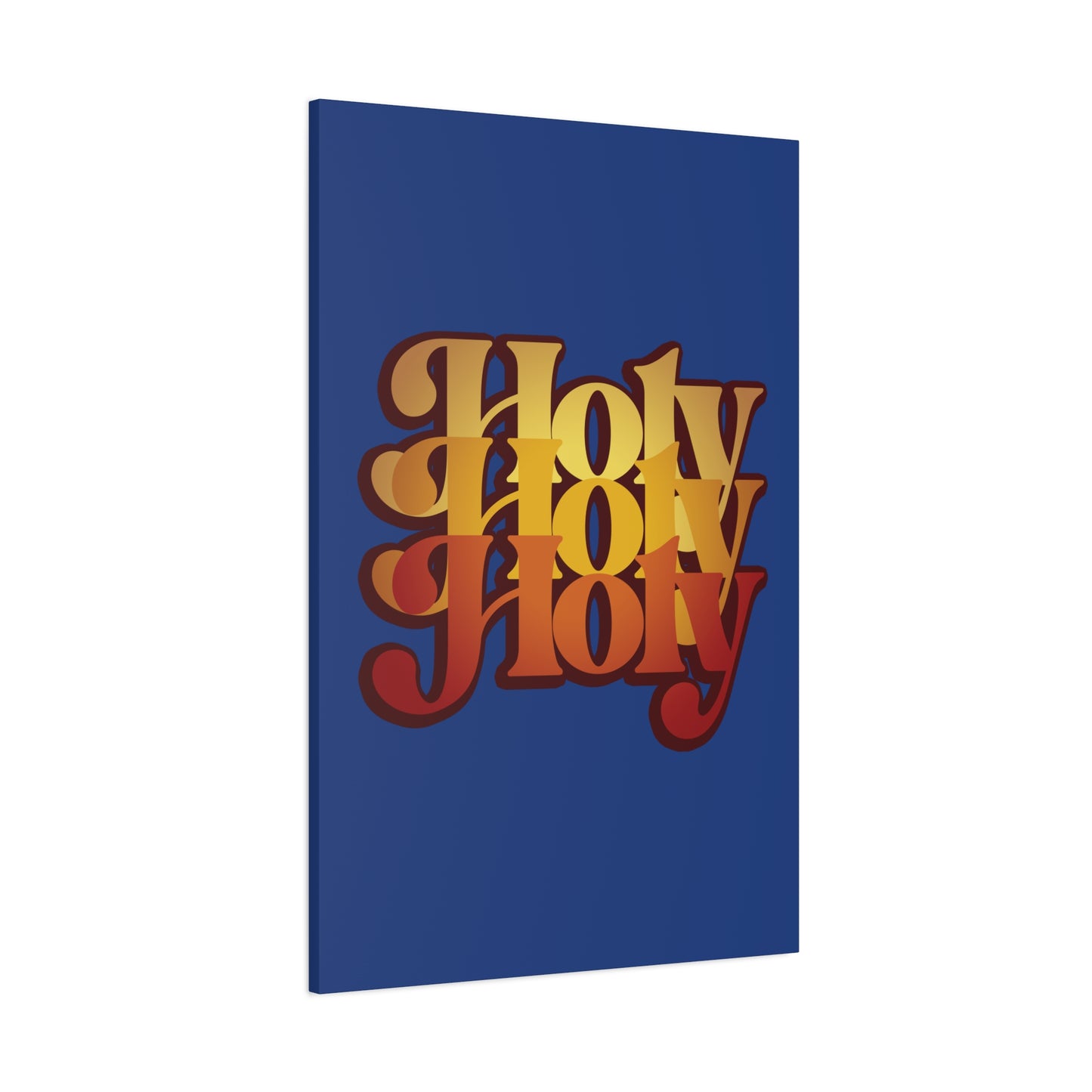 Bold, retro-style yellow and orange "Holy Holy Holy" text on a dark blue canvas inspired by Isaiah 6 and Orthodox tradition—Holy Holy Holy Trisagion Liturgical Prayer 70s Style Wall Art.
