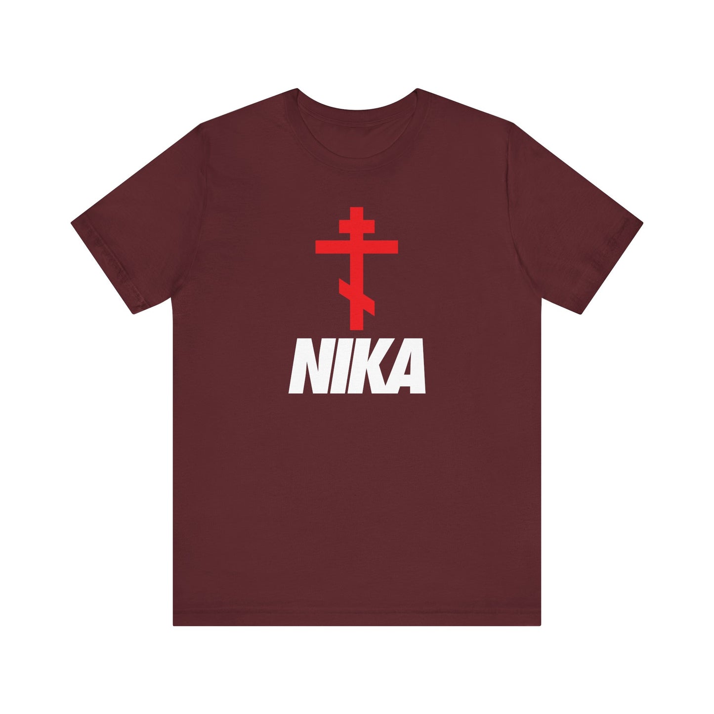 Maroon Orthodox Cross with Bold NIKA Text tee—features a minimalist red cross above striking white "NIKA," inspired by the NIKE logo. Christian unisex lightweight cotton shirt expressing “Jesus Christ Conquers.”.
