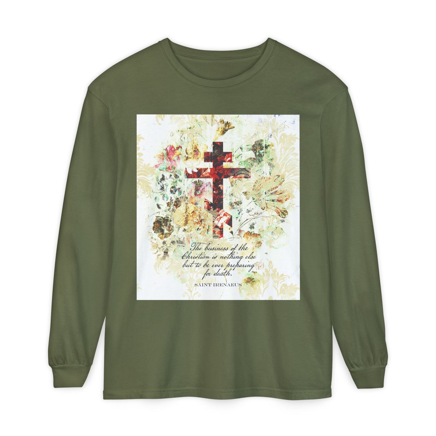 Preparing For Death | White & Beige Floral Scrapbook Texture Cross | Arts & Crafts Style | St Irenaeus | Orthodox Christian Long Sleeve Shirt