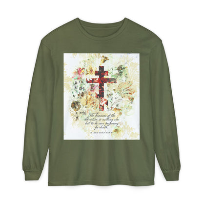 Preparing For Death | White & Beige Floral Scrapbook Texture Cross | Arts & Crafts Style | St Irenaeus | Orthodox Christian Long Sleeve Shirt