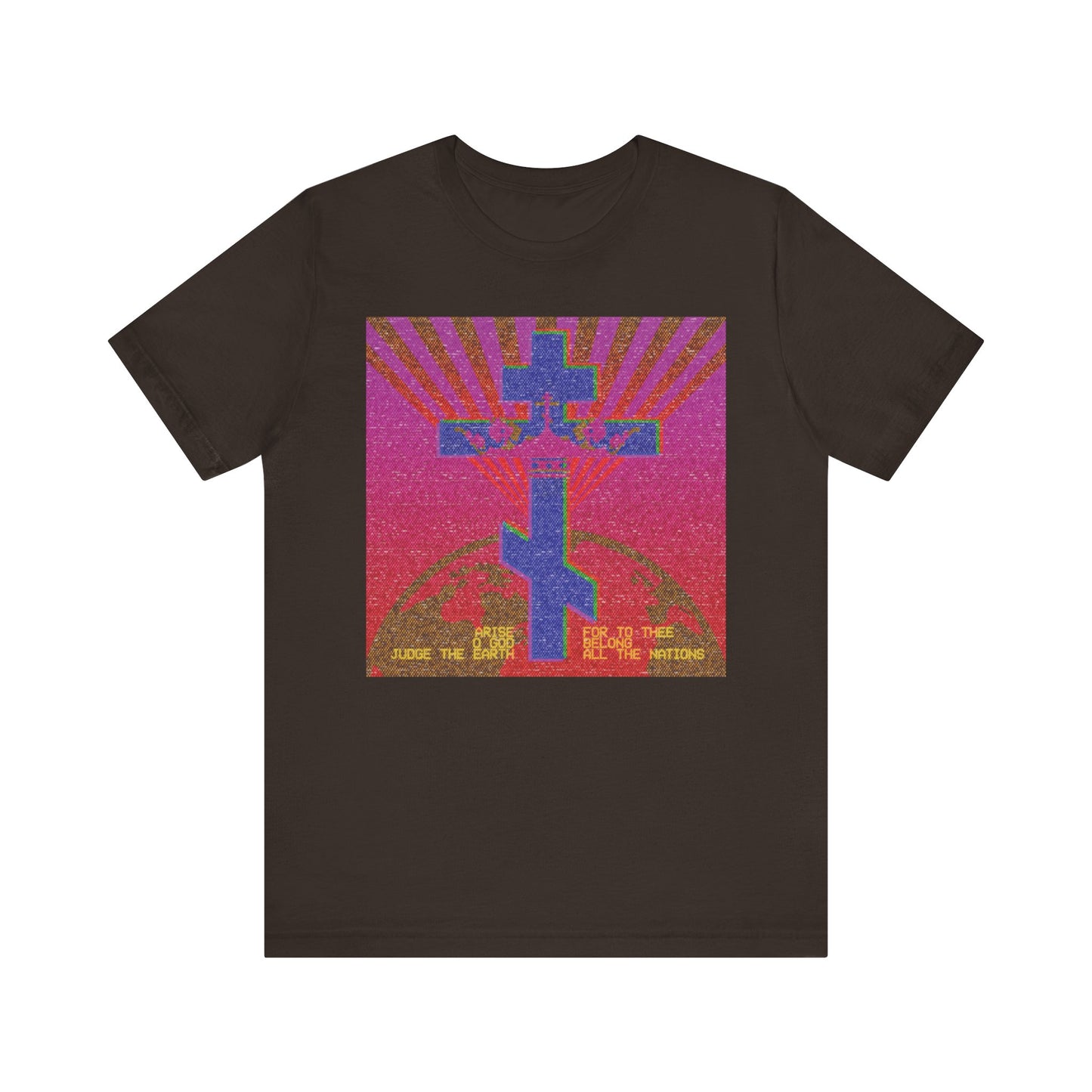 Brown t-shirt with a retro pixel VCR/computer monitor graphic and "Arise, O God, Judge the Earth" text—a bold Orthodox Christian design inspired by Psalm 81. Lightweight cotton, unisex fit.