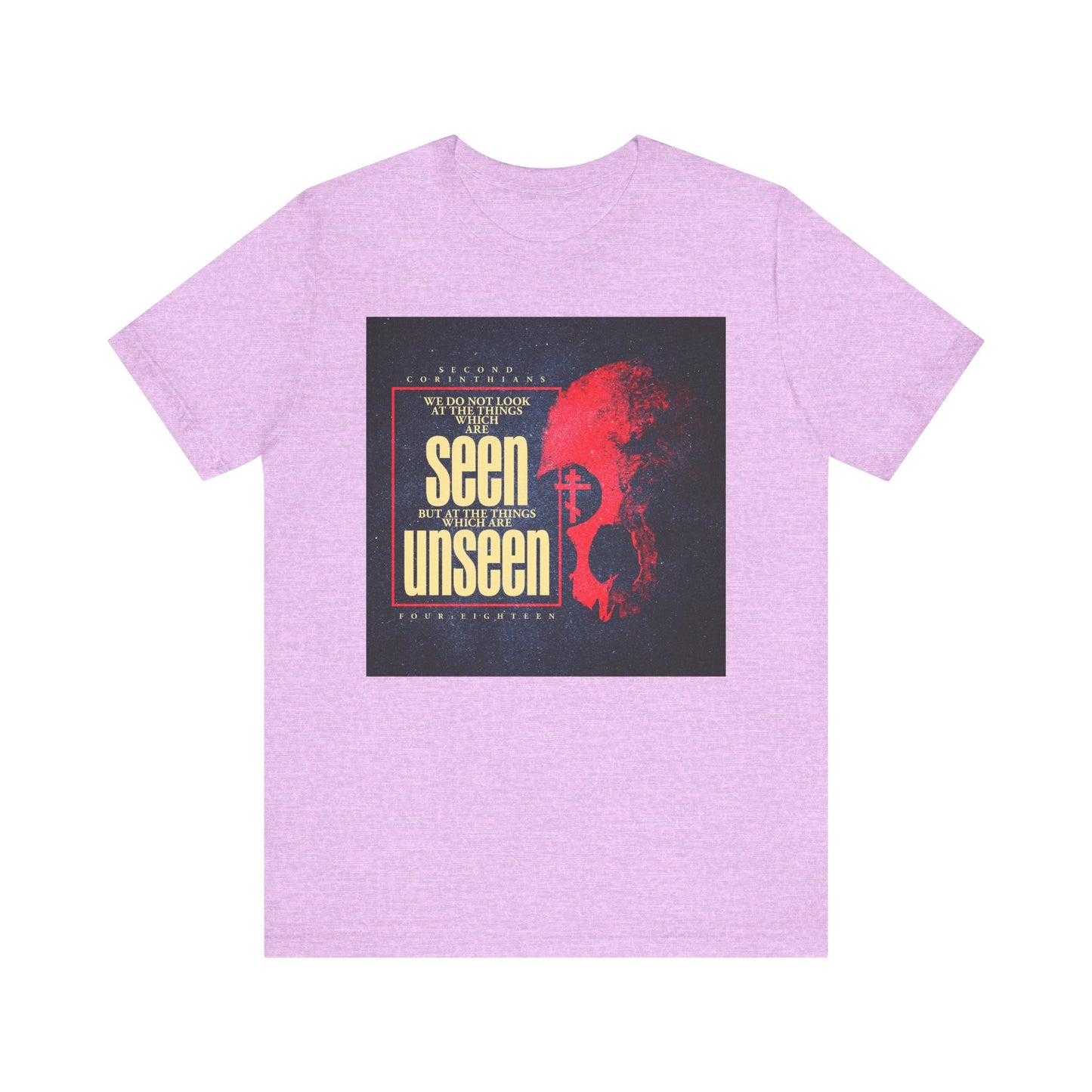 Heather Prism Lilac unisex tee featuring a textured graphic of a red skull and Orthodox cross, with the words "seen but often remain unseen," inspired by 2 Corinthians and reflecting on the inward man and the eternal weight of glory. Product name: *We Do Not Look At the Things Which Are Seen (St. Paul) | Red Skull & Orthodox Cross | Christian Lightweight Cotton Unisex Tee*.
