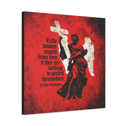 A grungy red and black canvas features a textured cemetery angel with a cross, quoting St. John Chrysostom. "Little Divides Angels from Men" highlights Christian perfection and Orthodox faith.