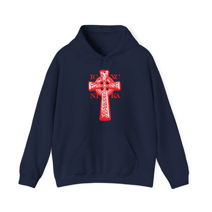 Navy hoodie featuring the ICXC NIKA Celtic Knotwork Cross in black and white on a red background, with "Jesus Christ Conquers" and Orthodox Christian symbolism on the front.