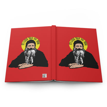 Illustration of Fr Seraphim Rose with a yellow halo and "It's Later Than You Think" text on a red cover—Modern American Orthodox Christian Saint notebook exploring life after death.