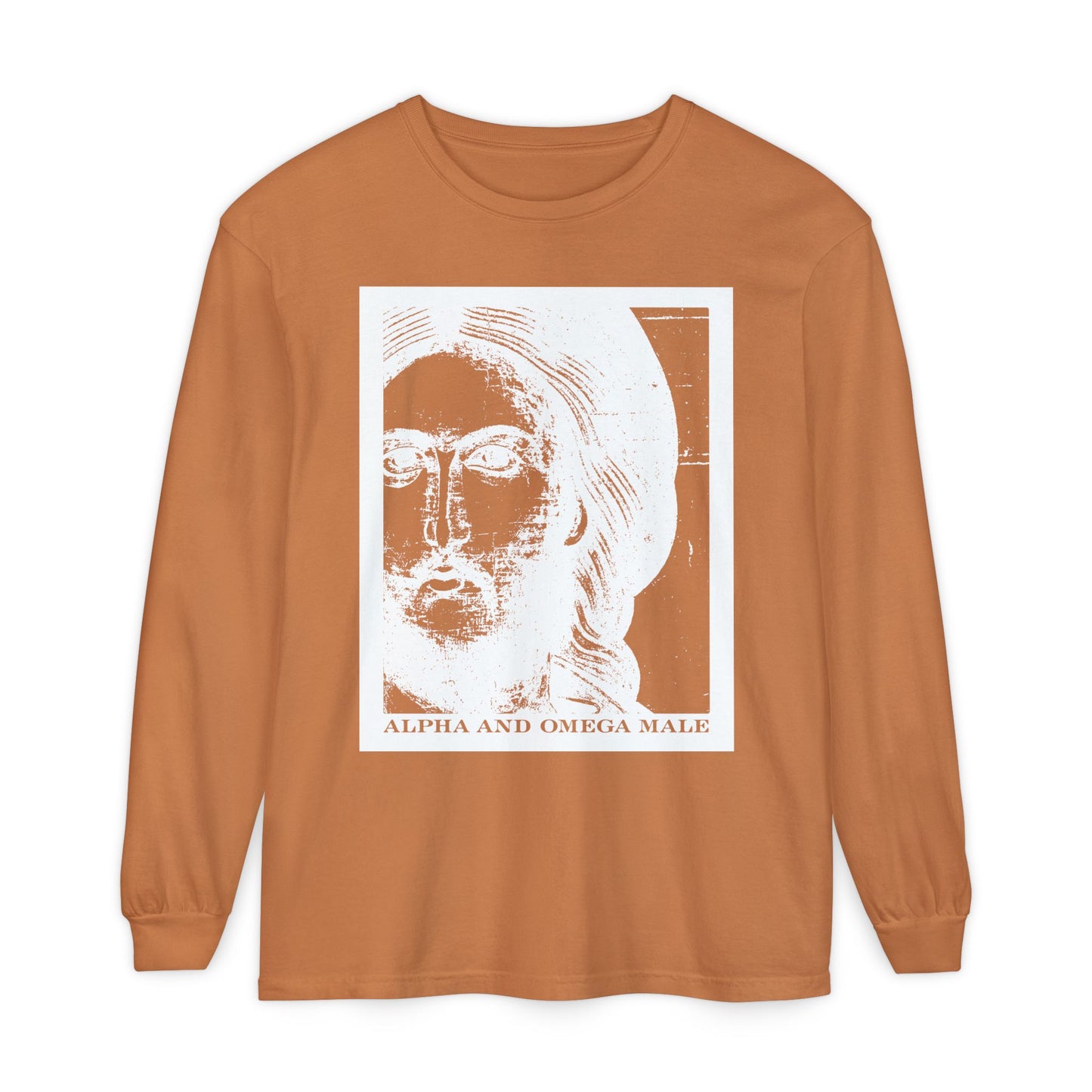 Yam-colored long sleeve cotton shirt featuring a white abstract face graphic and "ALPHA AND OMEGA MALE" text—a nod to Alpha & Omega, new heaven, and new Jerusalem. Product: Jesus Christ Icono-Graphic Photonegative (Rev 22).
