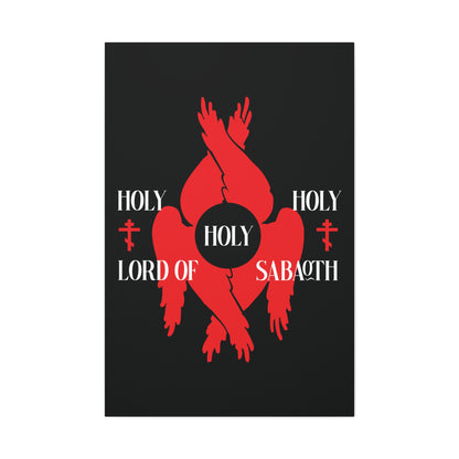 The "Holy Holy Holy Lord of Sabaoth Red Seraphim Wings Orthodox Crosses" canvas art features a six-winged seraphim with the Isaiah 6:3 text on a black background, celebrating the Divine Council and Christian tradition.