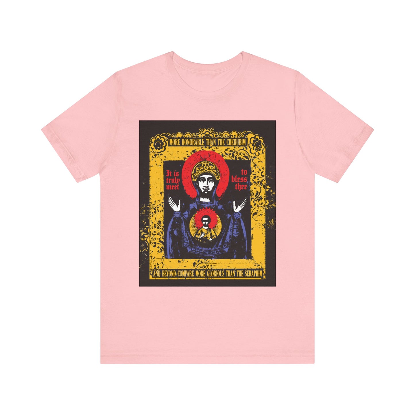 Pink Orthodox lightweight cotton unisex tee featuring a vibrant, ornate graphic of the Theotokos inspired by the Axion Estin hymn, titled "It is Truly Meet To Bless Thee Iconographic," with gold, red, and black detailing on the chest.