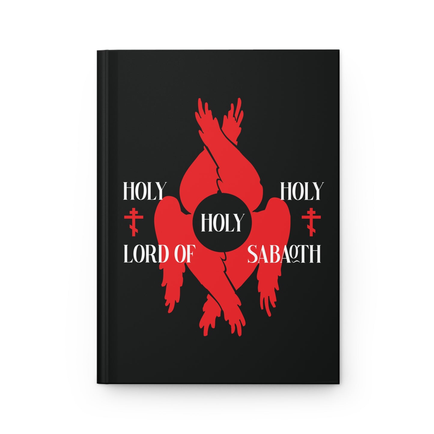 Black hardcover journal featuring red abstract seraphim wings, white text "Holy Holy Holy Lord of Sabaoth," Orthodox crosses, and Isaiah 6:3, inspired by the Divine Council and Liturgy of St John Chrysostom.